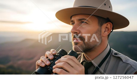 Park Ranger using Binoculars at Sunset 127256047