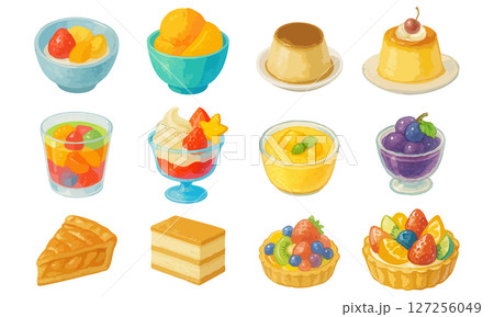 スイーツイラストセット｜プリン・杏仁豆腐・ゼリー・タルト・シブースト・フルーツデザート素材 127256049
