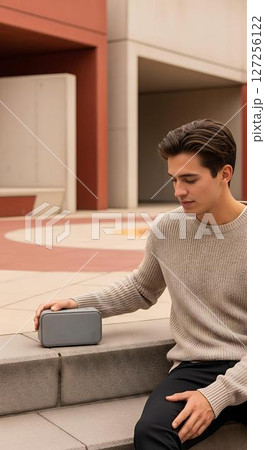 Young Man with Portable Bluetooth Speaker 127256122