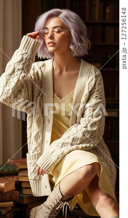 Woman in Knit Cardigan and Yellow Dress 127256148