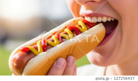 Woman Eating Hot Dog with Mustard and Ketchup 127256437
