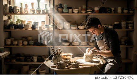 Potter shaping clay on pottery wheel 127256470
