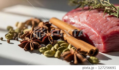 Raw meat with spices and herbs 127256691