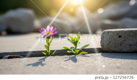Flowers growing through cracks in concrete Flowers growing through cracks in concrete 127256726
