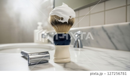 Shaving Brush and Razor on Marble 127256781