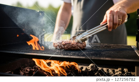 Grilling a burger on a barbecue 127256782