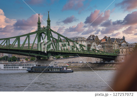 The green Liberty Bridge spans the Danube River in Budapest, Hungary, with a boat displaying a Hungarian flag and historic buildings in the background. 127257072