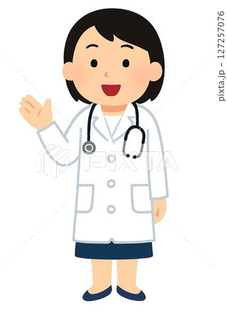 手を挙げて挨拶している女性医師のイラスト 127257076