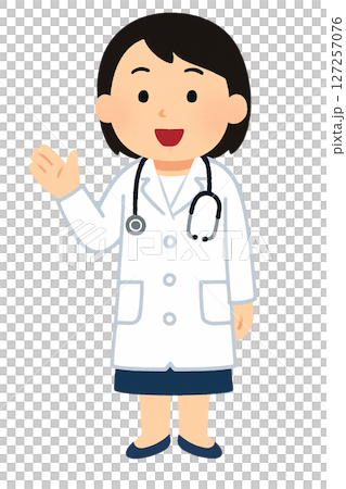 手を挙げて挨拶している女性医師のイラスト 127257076