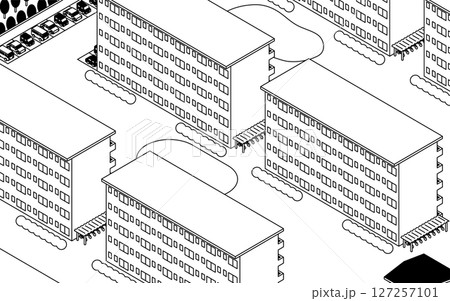 昔ながらの団地が並ぶ風景のシンプルな線画アイソメトリックイラスト 127257101