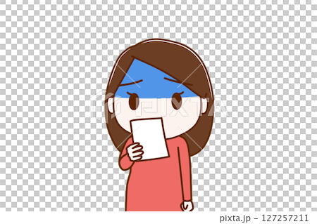 (Front view of upper body) A woman turns pale and is shocked when she sees the notice (Front view of upper body) A woman turns pale and is shocked when she sees the notice 127257211