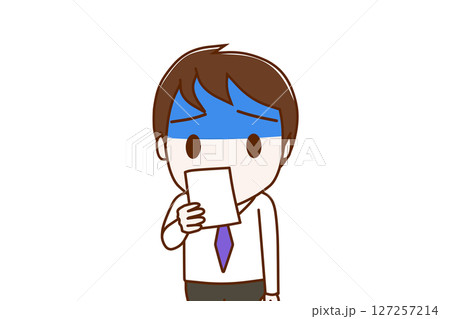 (上半身正面)通知の紙を見て真っ青になりショックを受ける男性 (上半身正面)通知の紙を見て真っ青になりショックを受ける男性 127257214