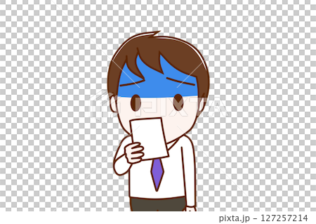 (上半身正面)通知の紙を見て真っ青になりショックを受ける男性 (上半身正面)通知の紙を見て真っ青になりショックを受ける男性 127257214