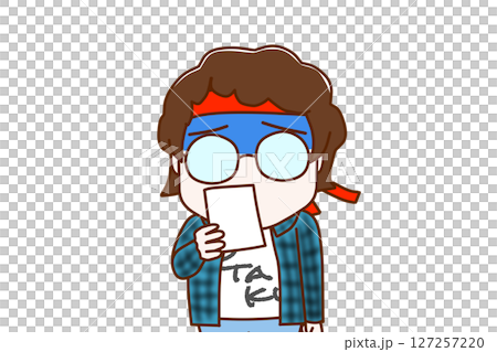 (Front view of upper body) A geek wearing glasses turns pale and is shocked when he sees the notice (Front view of upper body) A geek wearing glasses turns pale and is shocked when he sees the notice 127257220