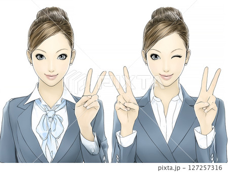 ピースサインをするビジネスウーマンのイラスト素材 127257316