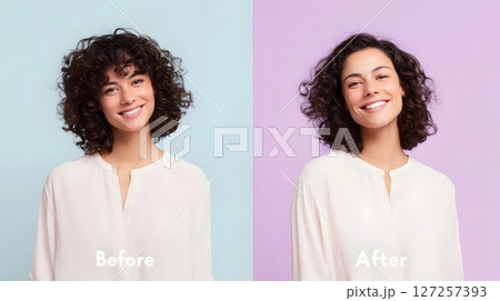 Before and After Portrait of Smiling Woman With Background Shift 127257393