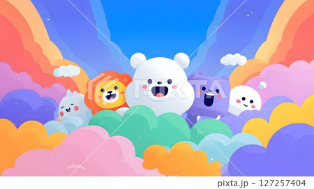 Cheerful Cartoon Animals Among Rainbow Clouds Cheerful Cartoon Animals Among Rainbow Clouds 127257404