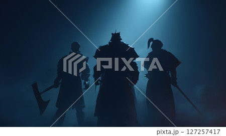 Dark Fantasy Warriors Standing in Dramatic Fog Lighting 127257417