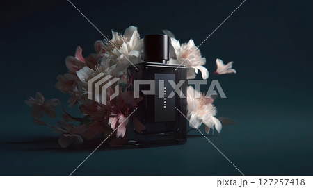 Dark Perfume Bottle With White Flowers in Low Light 127257418