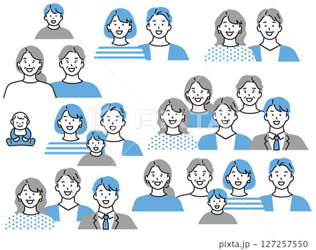 ファミリーイラスト(家族、赤ちゃん、子供、夫婦、祖父母、高校生、3世帯、老後、教育、貯蓄、ローン) 127257550