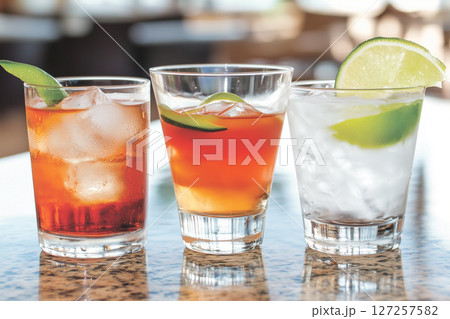 Refreshing Cocktails Served in Stylish Glasses by the Beachside Bar 127257582