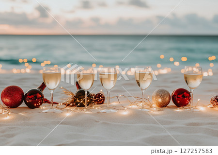 Elegant cocktails lined on sandy beach with festive decorations and shimmering lights at sunset 127257583