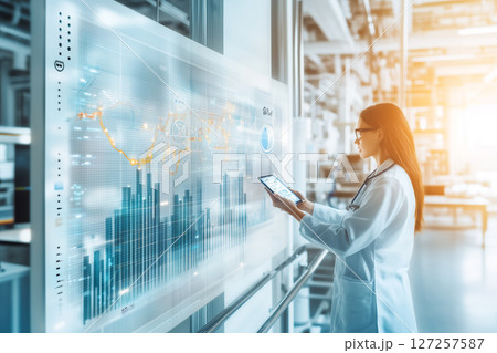 Modern Medical Professional Engaging with Digital Interface in Futuristic Healthcare Environment Modern Medical Professional Engaging with Digital Interface in Futuristic Healthcare Environment 127257587