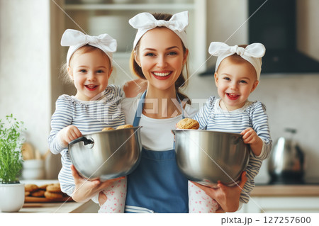 Joyful Family Baking Cookies Together in Bright Kitchen with Kids Having Fun 127257600