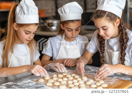 Kids Baking Cookies Together in Family Kitchen, Enjoying Fun Culinary Experience 127257601