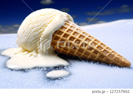 Delicious Creamy Ice Cream Melting on a Waffle Cone Against a Bright Blue Sky Background 127257602