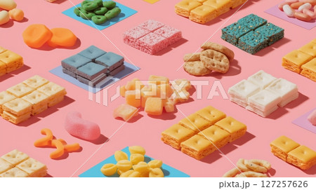 Assorted Colorful Snacks on Pink Background Assorted Colorful Snacks on Pink Background 127257626