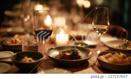 Elegant Candlelit Dinner with Wine and Gourmet Cuisine 127257657