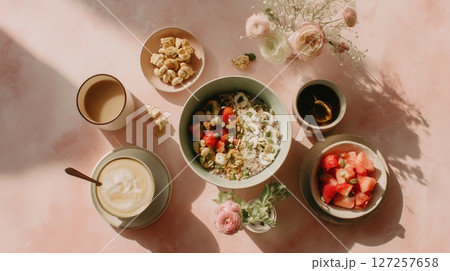 Elegant Healthy Breakfast on Pink Marble 127257658