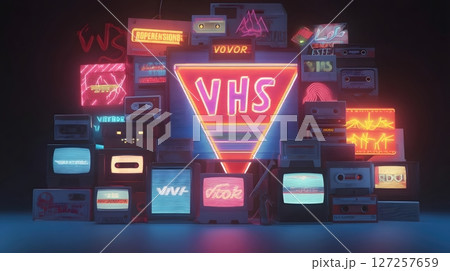 Neon VHS Tapes and Cassette Wall Installation 127257659