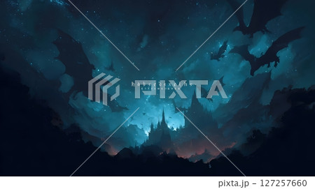 Night Sky With Flying Dragons Over Dark Fantasy Castle 127257660