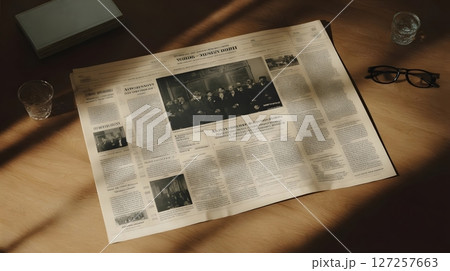 Old Newspaper Spread With Vintage Editorial Layout 127257663
