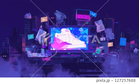 Retro Sneaker Advertisement on Neon Television Display 127257688