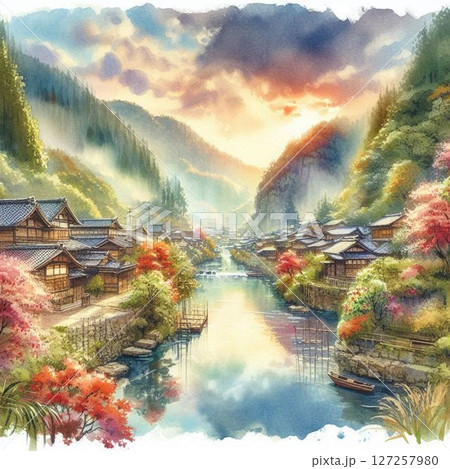 水彩画タッチで描く、和の風景、日本の風景 水彩画タッチで描く、和の風景、日本の風景 127257980