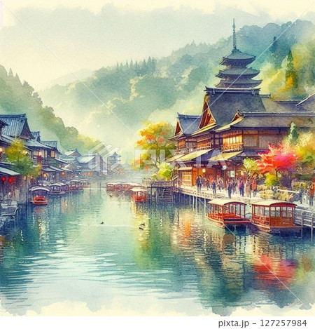 水彩画タッチで描く、和の風景、日本の風景 127257984