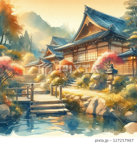 水彩画タッチで描く、和の風景、日本の風景 127257987