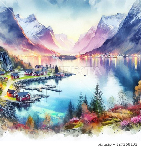 水彩画タッチで描く美しき北欧の風景、美しき北の大地 127258132