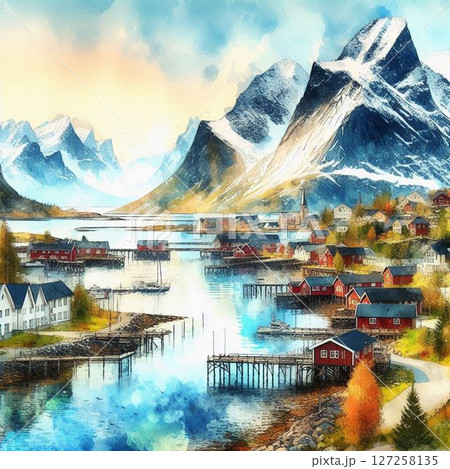 水彩画タッチで描く美しき北欧の風景、美しき北の大地 127258135