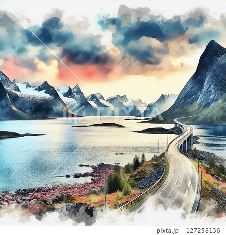 水彩画タッチで描く美しき北欧の風景、美しき北の大地 127258136
