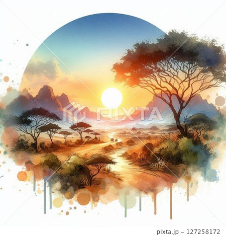 水彩画タッチで描く美しきアフリカ・サバンナ・広大な大地 水彩画タッチで描く美しきアフリカ・サバンナ・広大な大地 127258172
