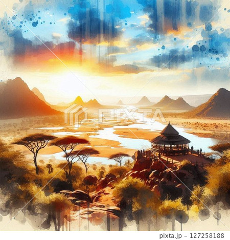 水彩画タッチで描く美しきアフリカ・サバンナ・広大な大地 127258188