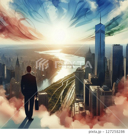 水彩画タッチで描く、広大な空・美しき大地 127258286