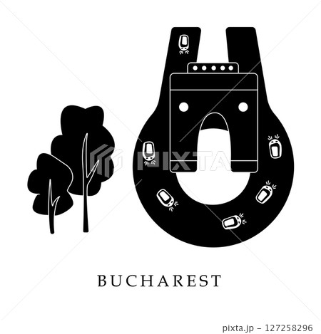 European capitals, Bucharest. Black and white illustration 127258296