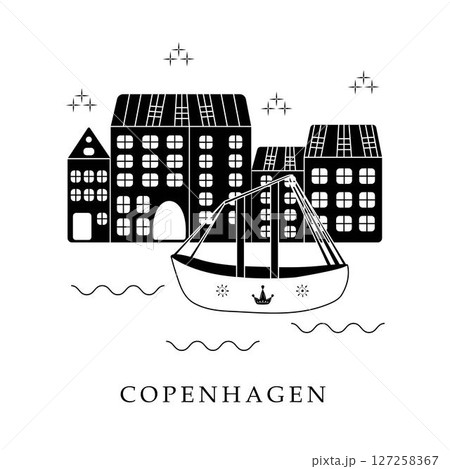 European capitals, Copenhagen. Black and white illustration 127258367