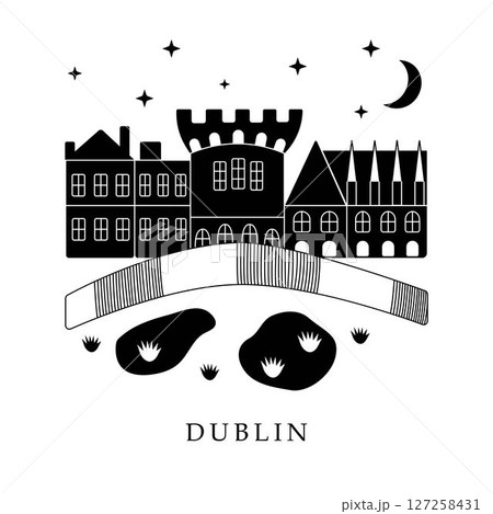 European capitals, Dublin. Black and white illustration European capitals, Dublin. Black and white illustration 127258431