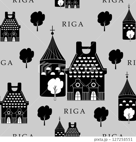 Riga, black and white seamless pattern 127258551